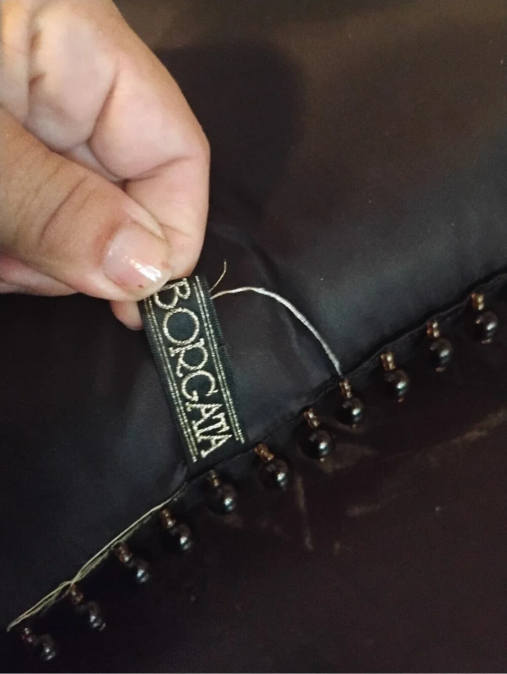 Borgata Black Satin Gold Embroidered Initial Throw Pillow with Beaded Trim